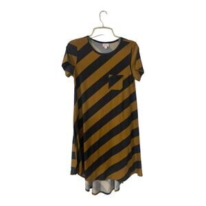 LuLaRoe Carly Dress Womens Size Small Mustard Blue Striped High Low Swing Casual